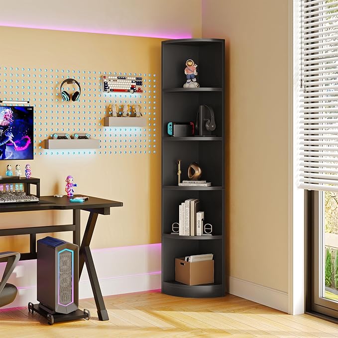 YITAHOME 5-Tier Corner Shelf, 70.8" Tall Modern Free Standing Corner Bookshelf, 5 Shelf Display Corner Bookcase and Bookshelves,Wooden Open Storage Book Shelves for Living Room, Home Office, Black - LeafyLoom