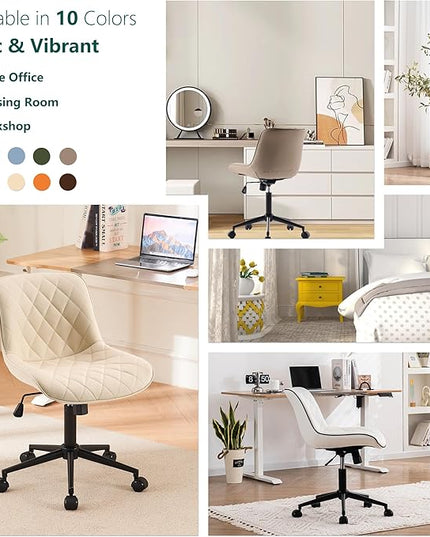 YOUNUOKE Comfortable Desk Chair, Home Office Chairs with Wheels, Armless Samll Comfy Vanity Chairs, PU Leather Computer Task Work Desk Chairs, Beige - LeafyLoom