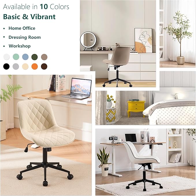 YOUNUOKE Comfortable Desk Chair, Home Office Chairs with Wheels, Armless Samll Comfy Vanity Chairs, PU Leather Computer Task Work Desk Chairs, Beige - LeafyLoom