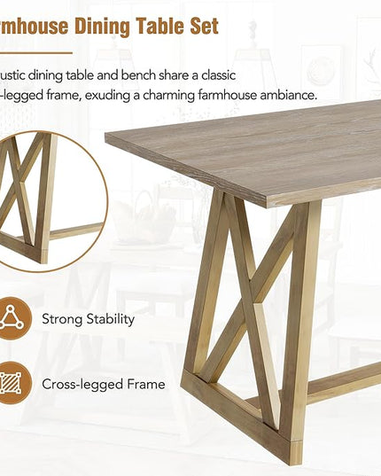Merax Table Cross Legs, Kitchen Set with 4 Upholstered Dining Chairs and Solid Wood Bench, 6-Piece Farmhouse, Natural - LeafyLoom