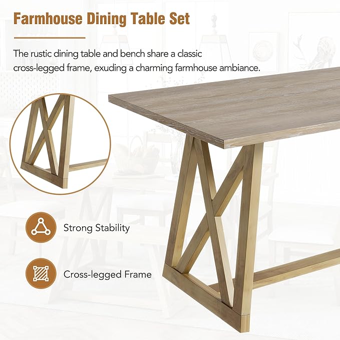 Merax Table Cross Legs, Kitchen Set with 4 Upholstered Dining Chairs and Solid Wood Bench, 6-Piece Farmhouse, Natural - LeafyLoom