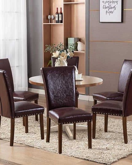 COLAMY Upholstered Parsons Dining Chairs Set of 6, PU Leather Dining Room Kitchen Side Chair with Nailhead Trim and Wood Legs - Dark Brown - LeafyLoom