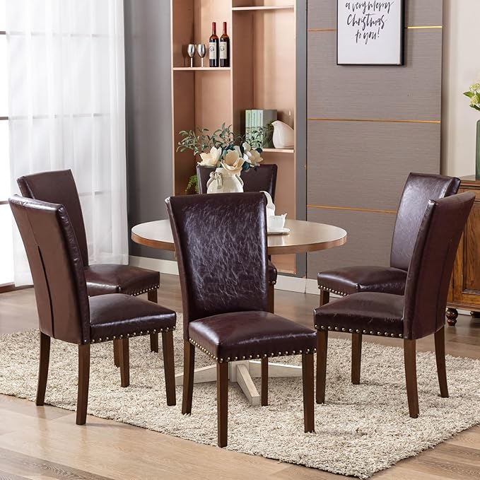 COLAMY Upholstered Parsons Dining Chairs Set of 6, PU Leather Dining Room Kitchen Side Chair with Nailhead Trim and Wood Legs - Dark Brown - LeafyLoom
