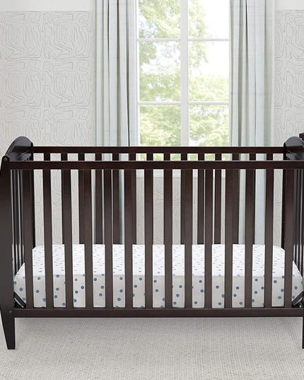 Delta Children Twinkle 4-in-1 Convertible Baby Crib, Sustainable New Zealand Wood, Dark Chocolate and Delta Children Twinkle Galaxy Dual Sided Recycled Fiber Core Crib and Toddler Mattress (Bundle) - LeafyLoom