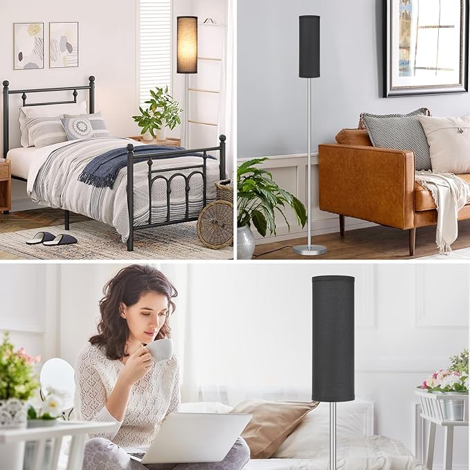 Ambimall Floor Lamp for Living Room - Pole Lamps for Bedrooms, Silver Standing Lamps with Black Shade, 66'' Tall Lamp for Office, Minimalist Floor Lamp for Home Decor - LeafyLoom