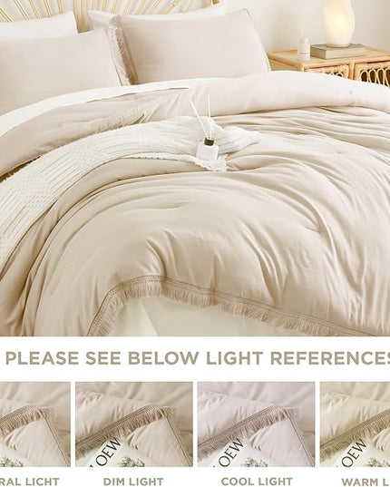 Litanika Beige Queen Comforter Set, 3 Pieces Cream Boho Tassel Lightweight Bed Comforter Queen,All Season Soft Solid Color Bedding Comforter Sets Ivory (1 Comforter 90x90 Inch, 2 Pillowcases) - LeafyLoom