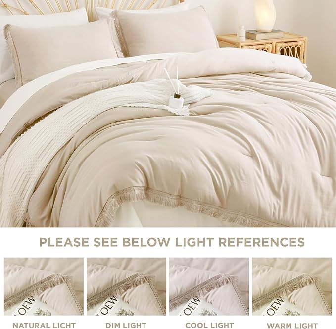 Litanika Beige Queen Comforter Set, 3 Pieces Cream Boho Tassel Lightweight Bed Comforter Queen,All Season Soft Solid Color Bedding Comforter Sets Ivory (1 Comforter 90x90 Inch, 2 Pillowcases) - LeafyLoom
