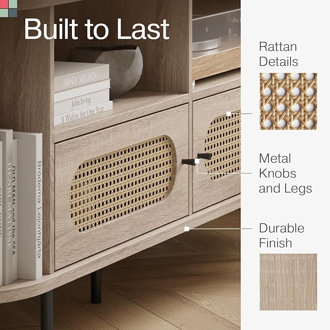 Oval Rattan TV Stand - Media Console - 63" TV Entertainment Center with Storage - Console Table for Living Room and Bedrooms - Supports 32 to 65" TVs - Soft-Close Cabinet Doors (Light Oak) - LeafyLoom