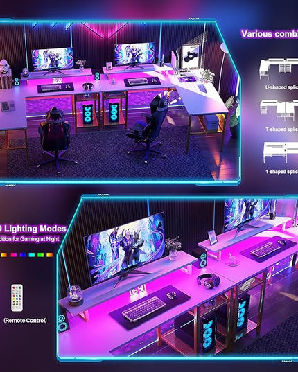 L Shaped Desk, 55 Inch Reversible Computer Desk with Power Outlet and RGB LED Light, Sturdy Corner Office Gaming Desk with Ergonomic Monitor Stand, Attractive Grid Design, White and Gold - LeafyLoom