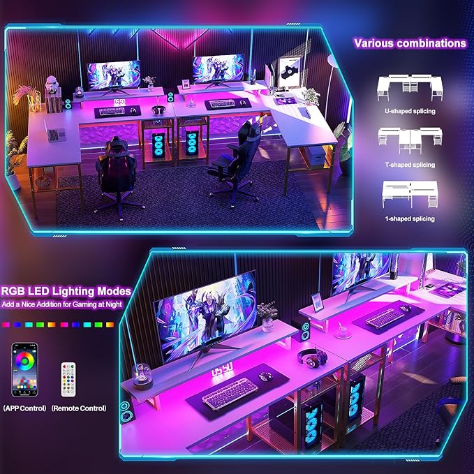 L Shaped Desk, 55 Inch Reversible Computer Desk with Power Outlet and RGB LED Light, Sturdy Corner Office Gaming Desk with Ergonomic Monitor Stand, Attractive Grid Design, White and Gold - LeafyLoom