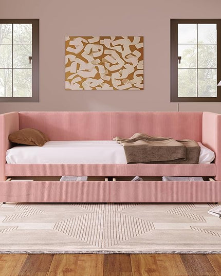 Twin Size Upholstered Daybed with 2 Storage Drawers, Corduroy Sofa Bed Frame for Living Room, Bedroom, Wood Slat Support, Pink - LeafyLoom