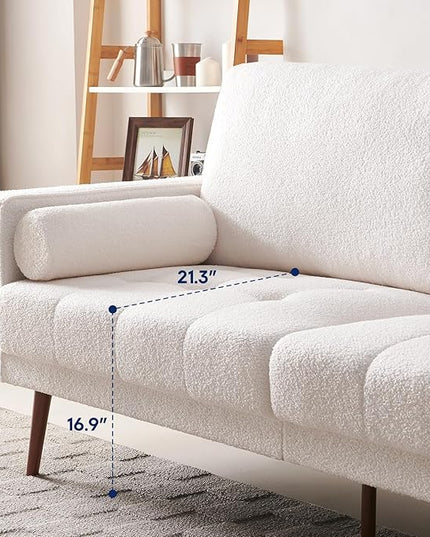 Vonanda Velvet Boucle Sofa Couch, Mid-Century 73 Inch 3 Seater Couch with Hand-Stitched Comfy Cushion and Bolster Pillows for Living Room, Elegant Boucle White - LeafyLoom