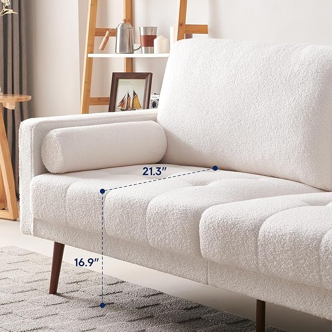 Vonanda Velvet Boucle Sofa Couch, Mid-Century 73 Inch 3 Seater Couch with Hand-Stitched Comfy Cushion and Bolster Pillows for Living Room, Elegant Boucle White - LeafyLoom