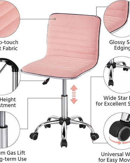 Yaheetech Velvet Low Back Vanity Chair Armless Ribbed Office Chair Swivel Task Chair Height Adjustable Chair Apricot Pink - LeafyLoom