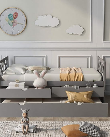 Twin Size Daybed with Storage Drawers and Trundle, Wood Twin Captains Bed frame for Bedroom and Living Room, Gray - LeafyLoom