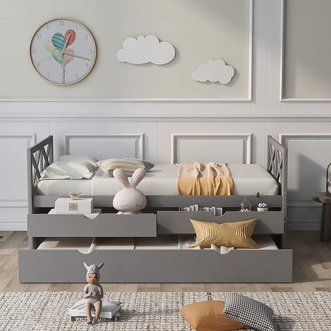 Twin Size Daybed with Storage Drawers and Trundle, Wood Twin Captains Bed frame for Bedroom and Living Room, Gray - LeafyLoom