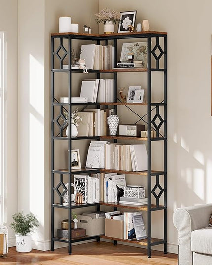 YITAHOME 7 Tier Corner Bookshelf Reversible Bookcase, Tall Bookshelf Display Rack Shelf with Metal Frame for Living Room, Bedroom, Home Office, Rustic Brown - LeafyLoom