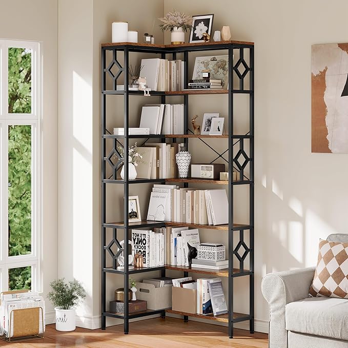 YITAHOME 7 Tier Corner Bookshelf Reversible Bookcase, Tall Bookshelf Display Rack Shelf with Metal Frame for Living Room, Bedroom, Home Office, Rustic Brown - LeafyLoom