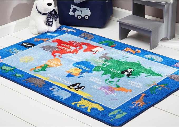 Eric Carle Elementary World Map Kids Machine Washable Area Rug Blue/Red, 6'6"x9'5" - LeafyLoom