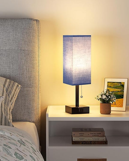 Blue Small Table Lamp for Bedroom - 3 Color Temperature 3000K 5000K 4000K Bedside Lamp, Pull Chain Control, USB A and C Charging Ports, Black Base, for Kids Office Dorm nightstand, Bulb Included - LeafyLoom