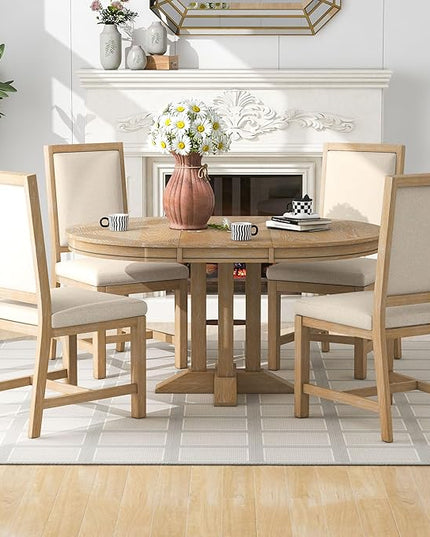 NicBex Small Kitchen Table Set for 4 Round Dining Table Farmhouse Dining Set 5-Piece Dining Set Extendable Round Table and 4 Upholstered Chairs for Kitchen, Natural Wood Wash - LeafyLoom