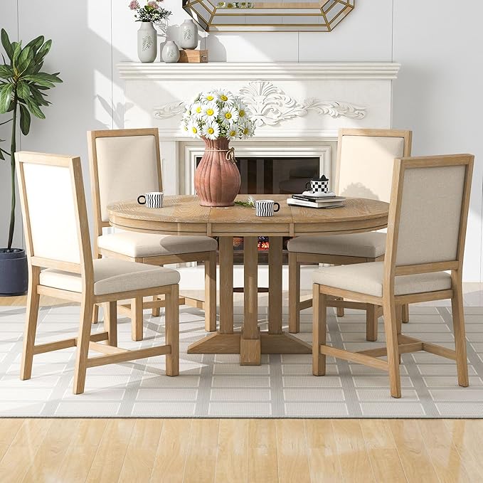 NicBex Small Kitchen Table Set for 4 Round Dining Table Farmhouse Dining Set 5-Piece Dining Set Extendable Round Table and 4 Upholstered Chairs for Kitchen, Natural Wood Wash - LeafyLoom