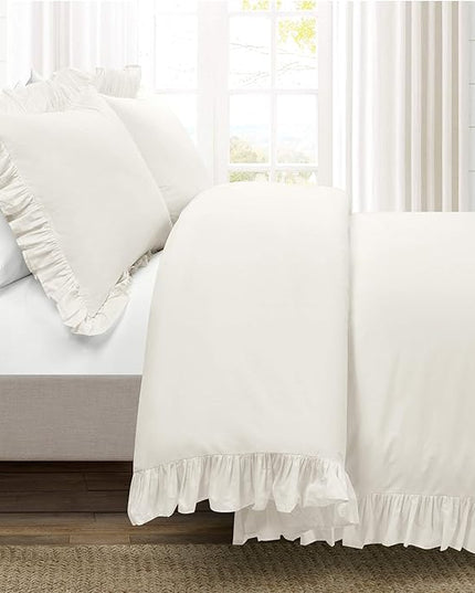 Lush Decor Reyna Ruffle 100% Cotton Duvet Cover Set - 3 Piece Cozy Ruffled Bedding Set - Timeless Elegance and Comfort - California King, White - LeafyLoom