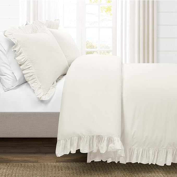 Lush Decor Reyna Ruffle 100% Cotton Duvet Cover Set - 3 Piece Cozy Ruffled Bedding Set - Timeless Elegance and Comfort - California King, White - LeafyLoom