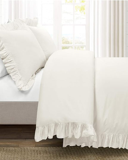 Lush Decor Reyna Ruffle 100% Cotton Duvet Cover Set - 3 Piece Cozy Ruffled Bedding Set - Timeless Elegance and Comfort - Full/ Queen, White - LeafyLoom