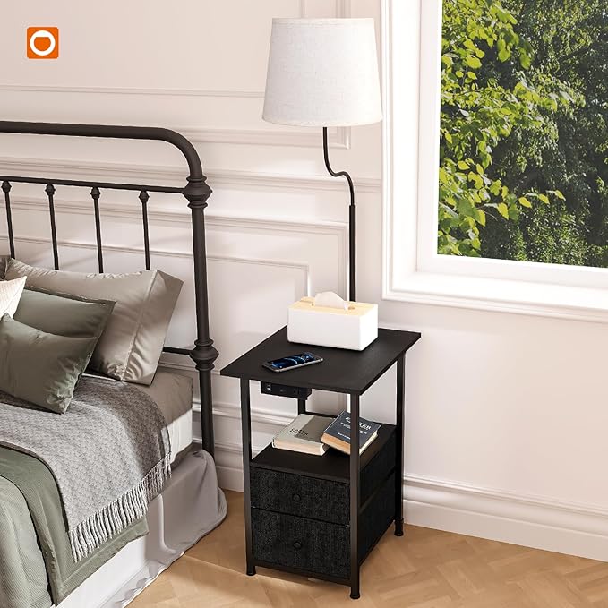 addlon Floor Lamp with Side Table, Nightstand with Charging Station, 3 Color Temperatures 9W LED Bulb, Floor Lamps for Living Room, Bedroom, Storage End Tables Living Room - Black - LeafyLoom