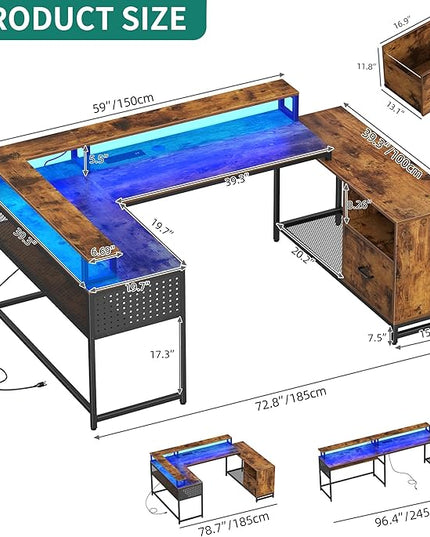 YITAHOME U Shaped Desk, L Shaped Desk with Drawers, Reversible Computer Desk with Power Outlets & LED Lights, Corner Desk Office Desk with Monitor Stand & Storage Shelves, Rustic Brown - LeafyLoom