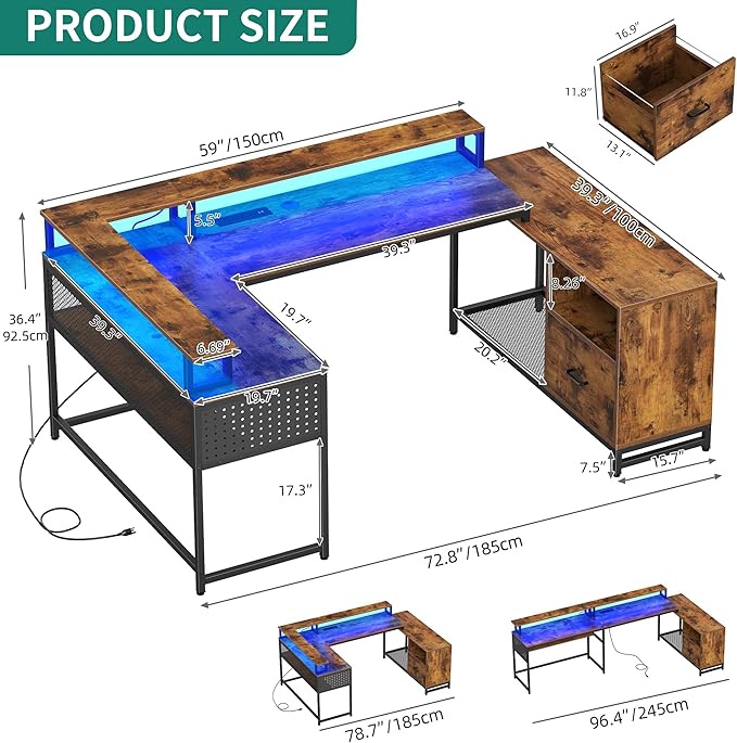 YITAHOME U Shaped Desk, L Shaped Desk with Drawers, Reversible Computer Desk with Power Outlets & LED Lights, Corner Desk Office Desk with Monitor Stand & Storage Shelves, Rustic Brown - LeafyLoom