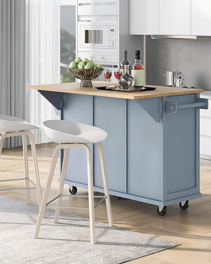 Kitchen Island with Drop-Leaf Countertop, Kitchen-Cart on Five Universal Wheels w/Open Shelves, Storage Cabinet and Three Drawers, Large Rubberwood Top Breakfast Bar for Dining Room - LeafyLoom
