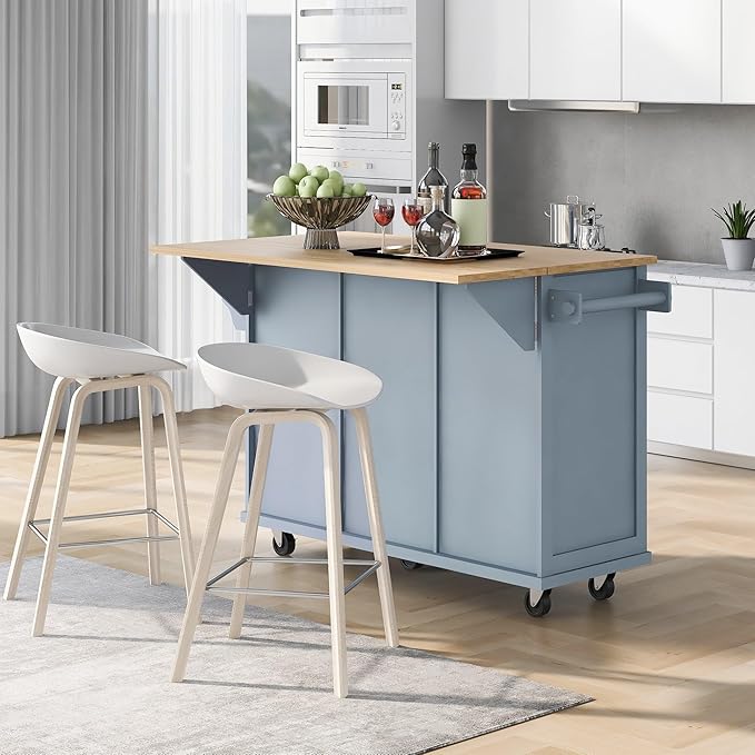 Kitchen Island with Drop-Leaf Countertop, Kitchen-Cart on Five Universal Wheels w/Open Shelves, Storage Cabinet and Three Drawers, Large Rubberwood Top Breakfast Bar for Dining Room - LeafyLoom