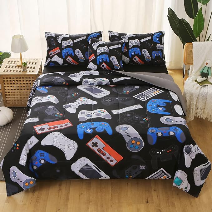 JQinHome Twin Gamer Comforter Set for Boys,6 Piece Bed in A Bag 3D Video Game Bedding -All Season Soft Microfiber Down Alternative Comforter Gamer Bedding Sets for Kids - LeafyLoom