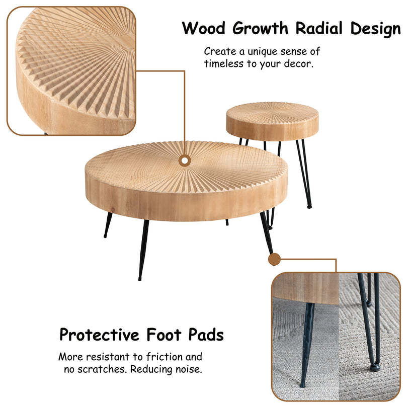 2-Piece Modern Farmhouse Living Room Coffee Table Set, Nesting Table Round Natural Finish with Handcrafted Wood Ring Motif, Wood Colour LeafyLoom
