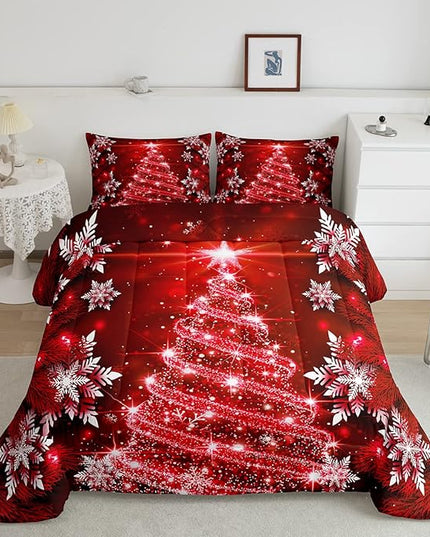 Christmas Tree Comforter Set for Children Kids Boys Girls Luxury Chic Xmas Theme Bedding Set Glitter Snowflake Star Comforter Microfiber Red Duvet Set Room Decor Quilt Set Full Size - LeafyLoom