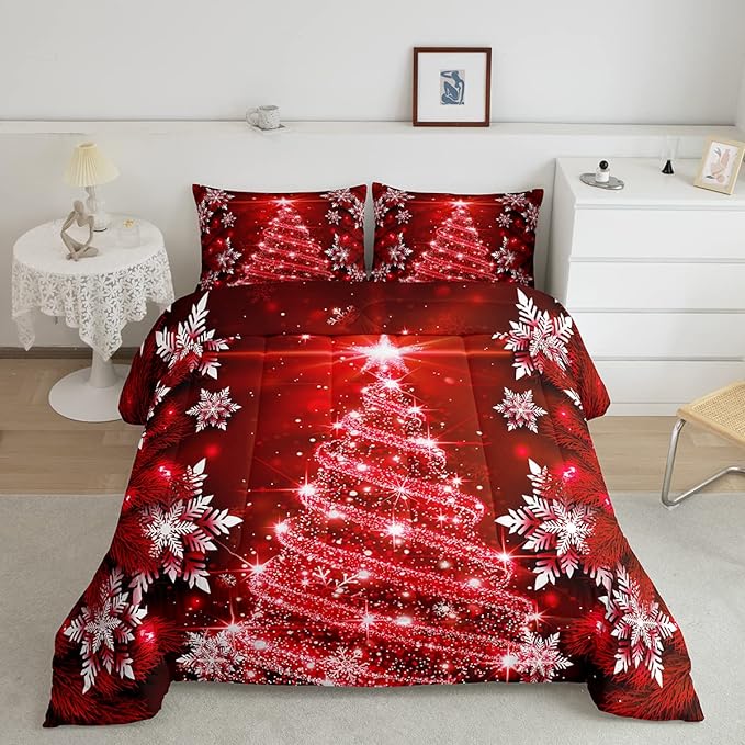Christmas Tree Comforter Set for Children Kids Boys Girls Luxury Chic Xmas Theme Bedding Set Glitter Snowflake Star Comforter Microfiber Red Duvet Set Room Decor Quilt Set Full Size - LeafyLoom