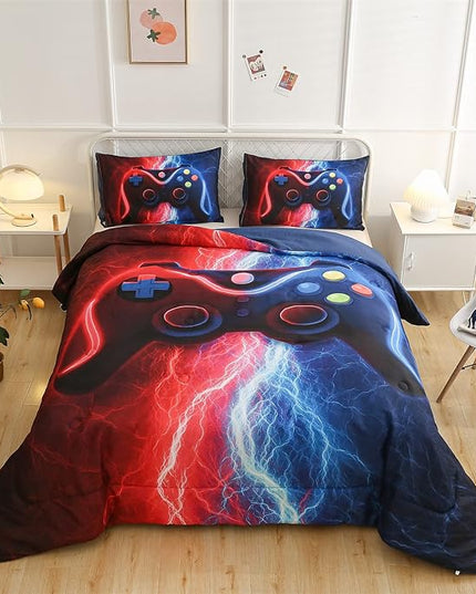 Meeting Story Gamer Gaming Bedding Sets Tie Dye Lightnings Gamepad Comforter Set for Boys Games Console Action Buttons Novelty Colorful Modern Room Decor Home Quilt Set (Twin, Red-Blue) - LeafyLoom