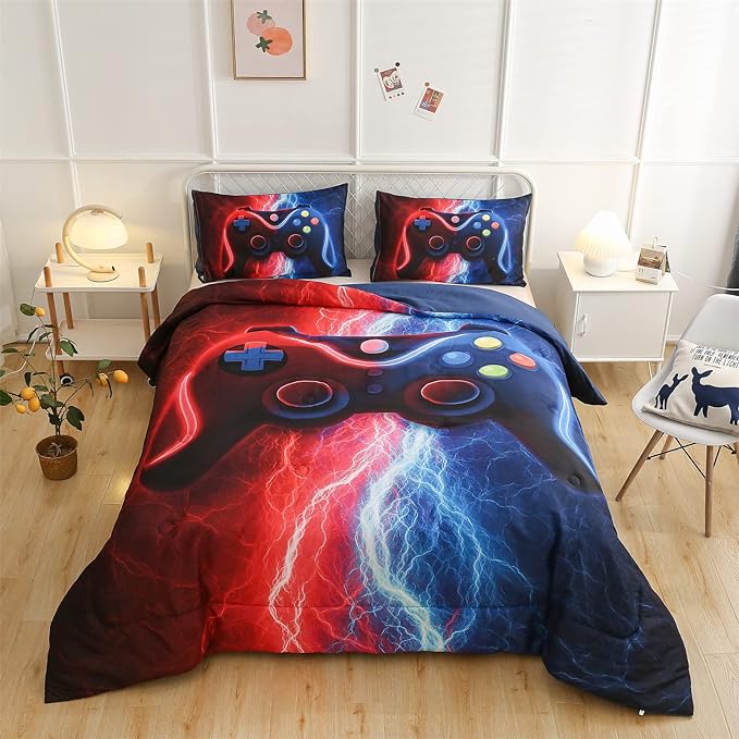Meeting Story Gamer Gaming Bedding Sets Tie Dye Lightnings Gamepad Comforter Set for Boys Games Console Action Buttons Novelty Colorful Modern Room Decor Home Quilt Set (Twin, Red-Blue) - LeafyLoom
