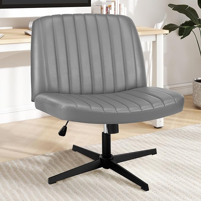 Criss Cross Chair, Cross Legged Office Chair, Wide Comfty Desk Chair, No Wheels Armless Computer Task Chair, Swivel Vanity Home Chair, Height Adjustable - LeafyLoom