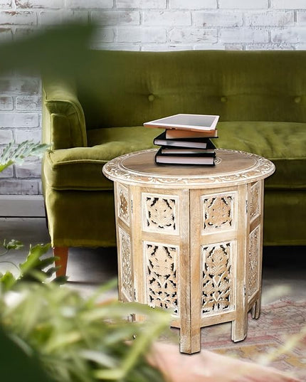 Hand Crafted Solid Wood Accent Table, Side Table, Entryway Table, Wooden End Table, Octagonal Wooden Table - 18 Inch Round Top x 18 Inch High - White - LeafyLoom