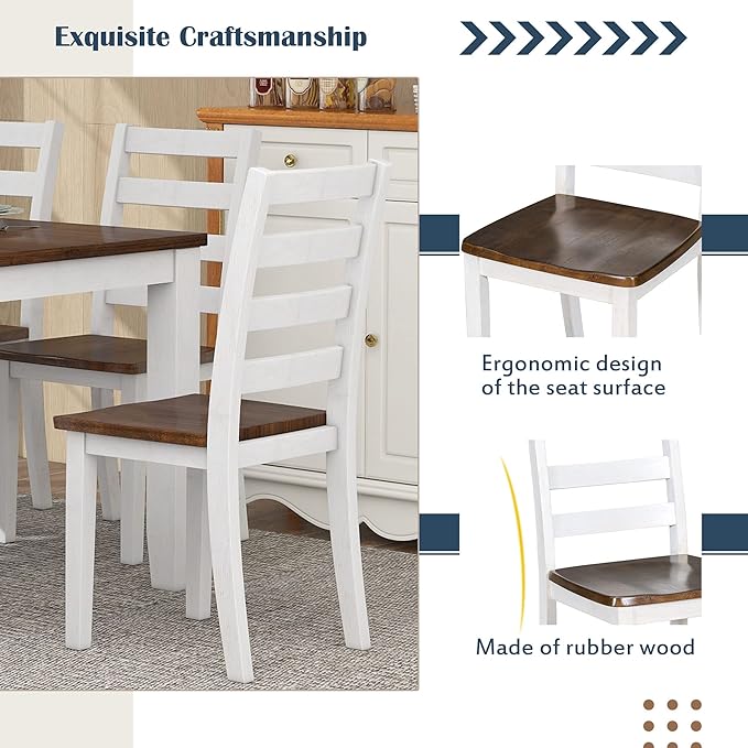Retro Rustic Style, Including 4 Upholstered Chairs, 1 Bench, Room, Home Bar, and Kitchen,Walnut + Cottage White, 6 Piece Dining Table Set - LeafyLoom