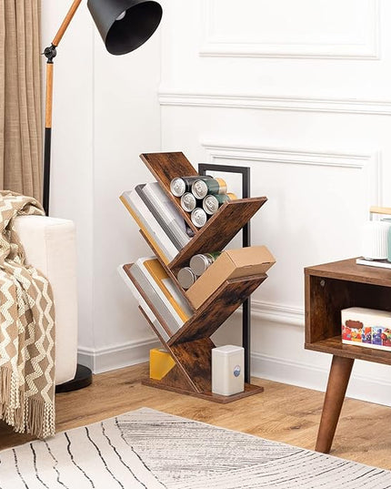 HOOBRO Tree Bookshelf, 5-Tier Bookcase Wooden Shelves, Floor Standing Storage Rack, for Display of CDs, Books in Living Room, Home Office, Wood Storage Rack for Bedroom, Rustic Brown BF04SJ01G1 - LeafyLoom