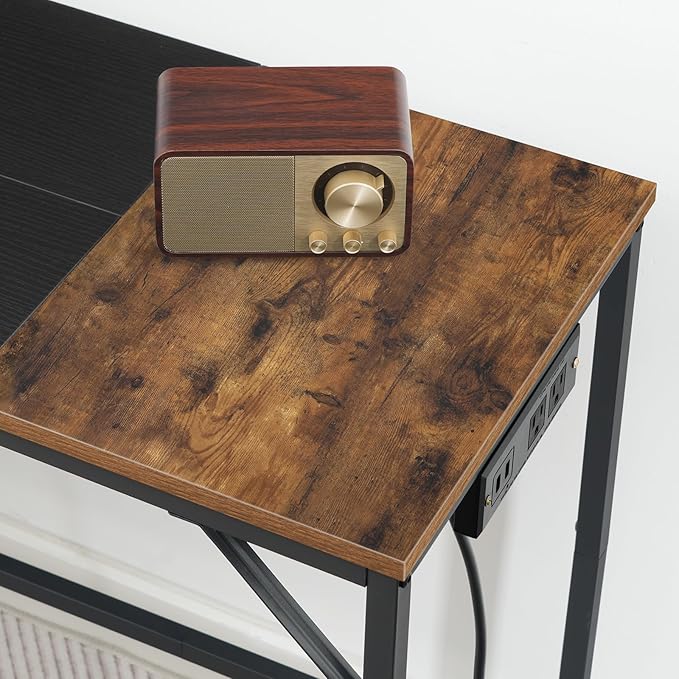 HOOBRO Computer Desk, Home Office Desk with Power Outlet, Modern Study Writing Desk with 3 Hooks for Study Room, Home Office, Sturdy and Stable, Easy to Assemble, Rustic Brown and Black BF41UDN01 - LeafyLoom