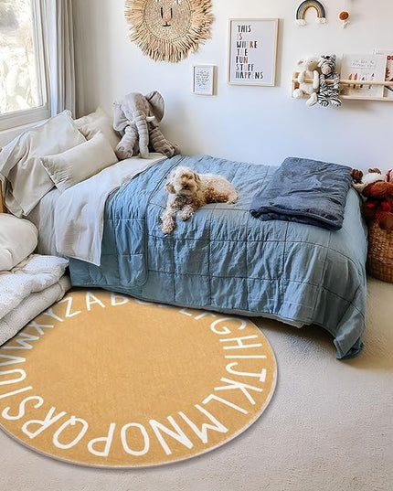 Topotdor Round Kids Play Rug Alphabet Nursery Area Rug Extra Large Soft Crawling Play Mat for Children Toddlers Bedroom (47 inch, Brown) - LeafyLoom