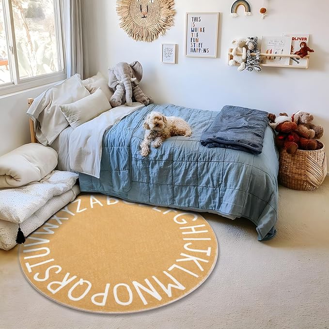 Topotdor Round Kids Play Rug Alphabet Nursery Area Rug Extra Large Soft Crawling Play Mat for Children Toddlers Bedroom (47 inch, Brown) - LeafyLoom