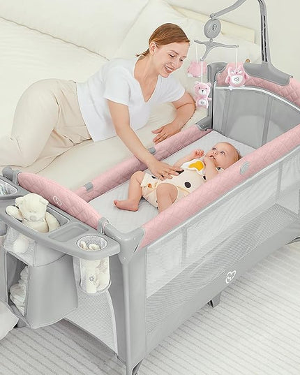 BabyBond Baby Bassinet Bedside Crib, Pack and Play with Sheet, Diaper Changing Table and Music Mobile from Newborn to Toddles, Portable Large Playard - LeafyLoom