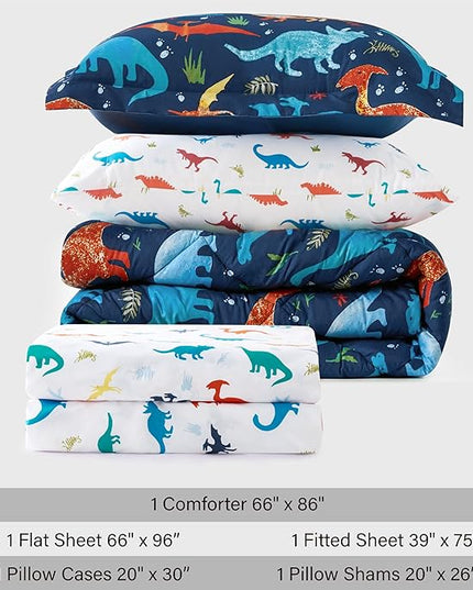 Kids Twin Dinosaur Bedding Comforter Set for Boys, 5 Pieces Twin Size Dinosaur Kids Bedding Set, Super Soft Lightweight Microfiber Comforter Set with Sheets for All Seasons - LeafyLoom