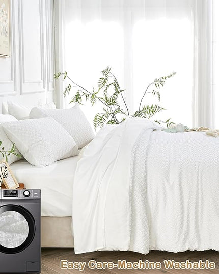 Queen Size Tufted Kids Comforter Set 7 Piece White Jacquard Tufts Embroidery Bedding Set for Boys Girls Bed in A Bag Quilt with 1 Comforter, 1 Flat Sheet, 1 Fitted Sheet, 2 Pillowcase, 2 Pillow Sham - LeafyLoom